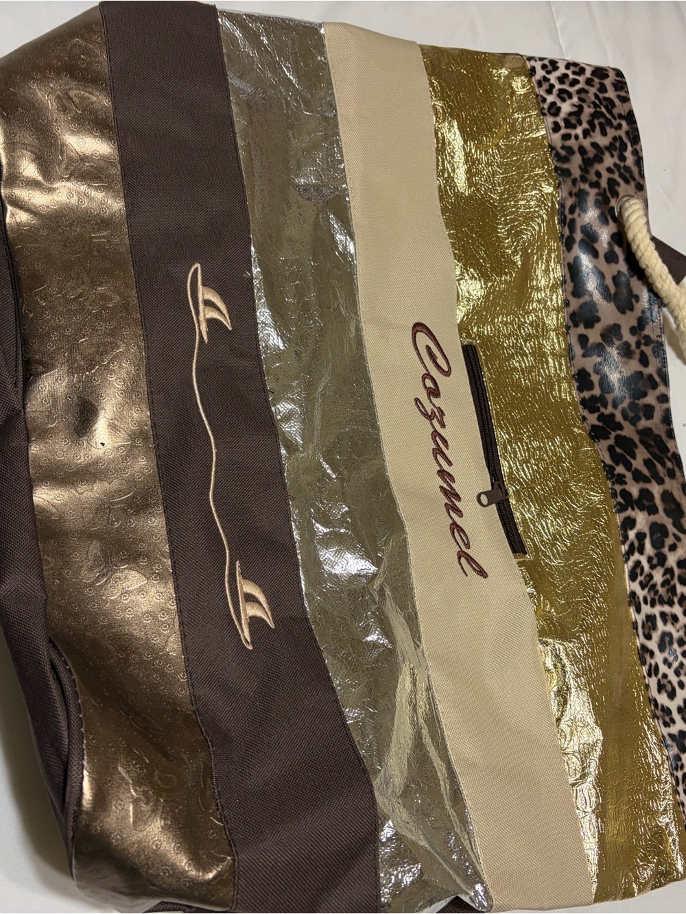 Cozumel Metallic & Leopard Stripe Tote Bag in Brown and Gold